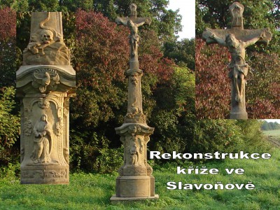 Detail kříže u Slavoňova - restaurováno za přispění Olomouckého kraje, darů farníků a Římskokatolické farnosti Mohelnice